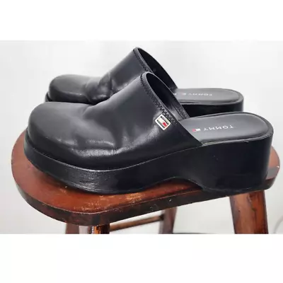 Vintage 90's Y2K Tommy Hilfiger Block Square Toe Leather Mules Slip On Size 6.5 • $37.05