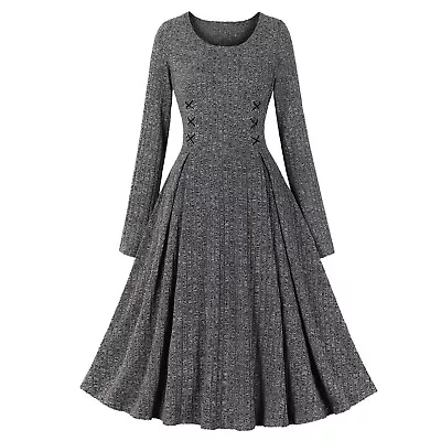 Women's New Round Neck Long Sleeve Knitted Lace Up Slim Fit Retro Dress • $31.17