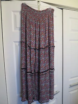Bila Smocked Tiered Lace Maxi Skirt Boho Floral Print Long  Slit M • $16