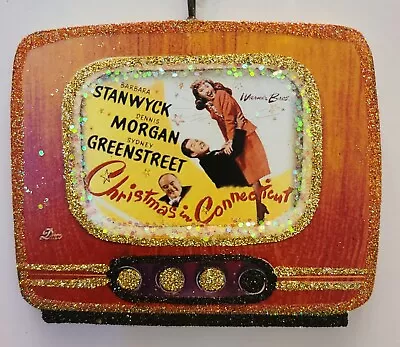 RETRO TELEVISION - CHRISTMAS In CONNECTICUT  * Glitter WOOD ORNAMENT * Vtg Img • $10.50