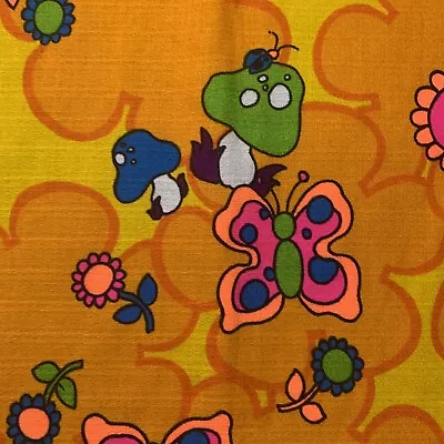 Very Special Vintage 60s 70s Psychedelic Floral Mushroom Barkcloth Fabric 42x35” • $40