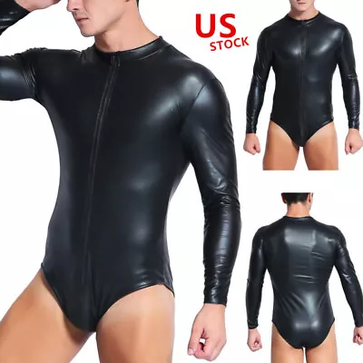 Men Patent Leather Bodysuit Black Stretch Leotard Top Long Sleeve Raves Clubwear • $16.27