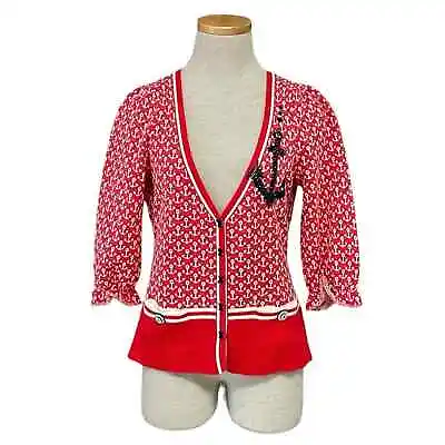 Moth Cardigan Women's L Large Red Blue Nautical Anchor Print Button Up Sweater • $28.50