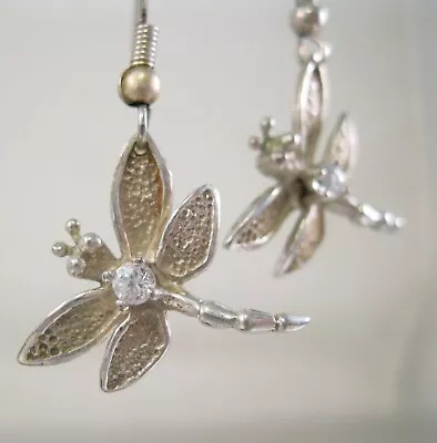 Vintage Dragonfly Crystal & Sterling Silver Drop Dangle Earrings Fine Jewelry • $22.50