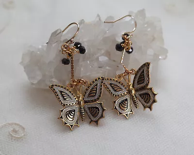 Vintage Damascene Butterfly Earrings Black Spinel Bead Drop 14K Gold Filled Wire • $68