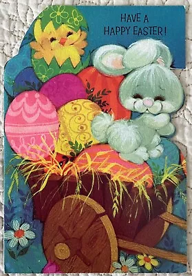 Vintage Easter Rabbit Bunny Chick Wagon Eggs Flowers Greeting Card 1960s 1970s • $3.99