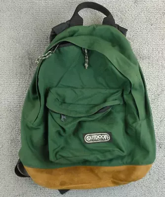 Vintage Outdoor Products Backpack Green Tan Suede Leather Bottom 80s 90s USA • $27.97