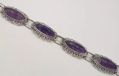 Vintage Mexican Sterling Silver & Amethyst Filigree Link Bracelet Crown Hallmark • $49.99