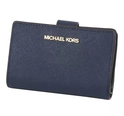 Michael Kors Women Medium Bifold Zip Coin Credit Card Holder ID Wallet Navy • $67.98