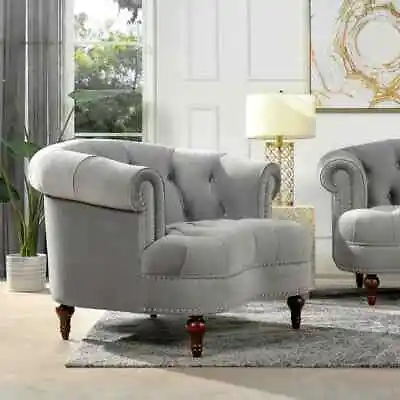 Jennifer Taylor Accent Chair Victorian Round Arm Tufted Solid Wood Opal Grey • $863.91