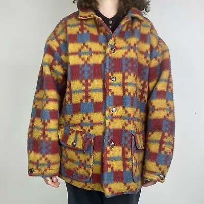 Vintage Aztec Navajo Western Pattern Wool Blend Oversized Blanket Fleece Jacket • £130