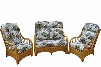 Sorrento Cane Conservatory Furniture 3 Piece Suite - 2 Chairs And A Sofa-Palm • £989