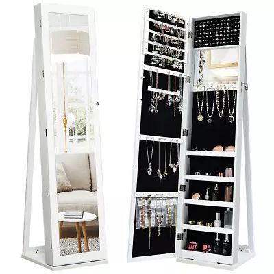 Mirrored Jewelry Cabinet Armoire Lockable Standing Storage Organizer W/ Shelf • $148.96