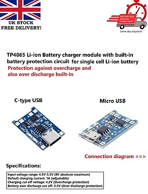 TP4056 18650 Lithium Battery Charger Type C Micro USB Module Charging Board 5V • £2.95