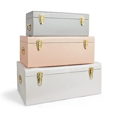 BTFY Metal Storage Trunks Set Of 3 Grey White Blush Gold Hardware Chest • £149.99