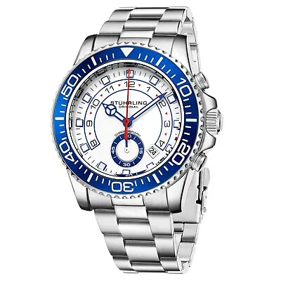 Stuhrling Men's Chronograph Diver White Dial Blue Bezel Silver Bracelet Watch • $99