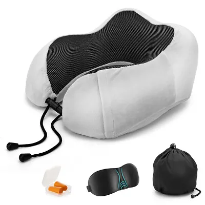 Memory Foam Travel Pillow Neck Head Support Cushion + Carry Bag Ear Plugs & Mask • £9.89