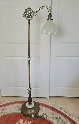 $650 • Buy Antique Agate Stone Bridge Floor Lamp Zipper Glass Shade Art Nouveau Deco