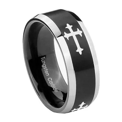 8mm Christian Cross Religious Beveled Edge Two Tone Black Fashionable Rings F... • $14.99