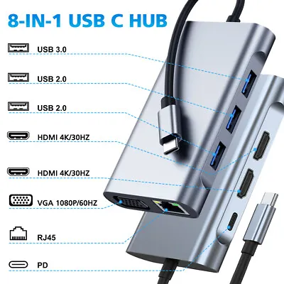 $46.54 • Buy USB C HUB Docking Station 8in1 Type C Adapter & 4K HDMI VGA USB 3.0 RJ45 100W PD