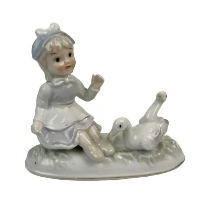 Vintage Made In Japan Ceramic Porcelain Girl & 2 Ducks Light Blue Figure Decor • $14.88