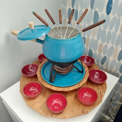 £50 • Buy Vintage Retro Spring Firestar Fondue Set Wooden Rotating Lazy Susan Forks Bowls