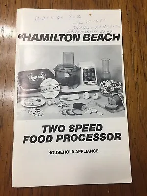 Vintage Hamilton Beach 2 Speed Food Processor Use Care Manual Recipes • $10