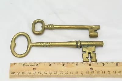 Brass Skeleton Key 7 1/4   & 5 1/2  Open Barrel Key Jail Door Lock  • $59.99