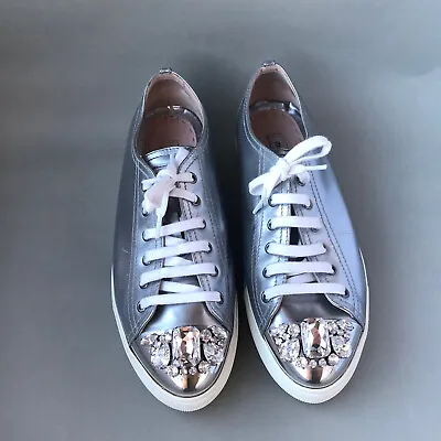 MIU MIU 40 M Patent Silver Swarovski Crystals Sneakers Trainers US 9 UK 6.5 • $215