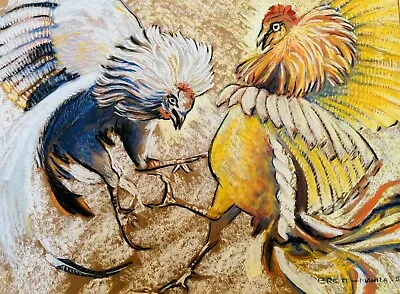 Mid Century Modernist Cock Fight Pastel Drawing Molly Brett Manila 1953 • $175