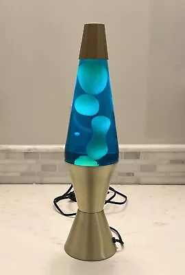 Vintage Lava Lite Lamp 90s Midnight Gold Base Blue Green Wax 16.5  Bottle Cap • $114