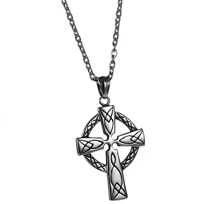 Vintage Men's Stainless Steel Irish Celtic Knot Cross Pendant Necklace 22'' • $10.99