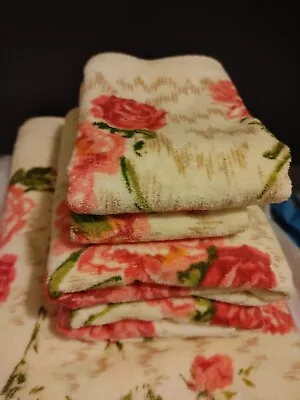 Vintage 80s Towel Set Floral USA Cotton 6 Piece Pink 2 BATH 2 HAND 2 WASH • $75