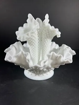 Vintage Fenton 3 Horn White Milk Glass Hobnail Epergne - Straw Marks • $44