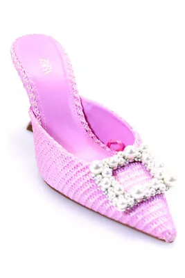 Zara Womens Woven Faux Pearl Accent Spool Heel Slip On Mules Pink Size 9US 39EU • $34.99