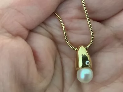 MOVADO 18K YL GOLD PEARL DIAMOND Accent PENDANT SNAKE CHAIN NECKLACE 16.5” -7.7G • $795