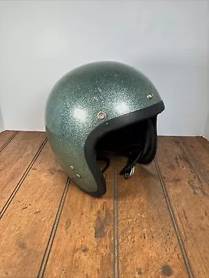 Vintage 1968 Snell Memorial Foundation Helmet Green Metal Flake Motorcycle • $99.99