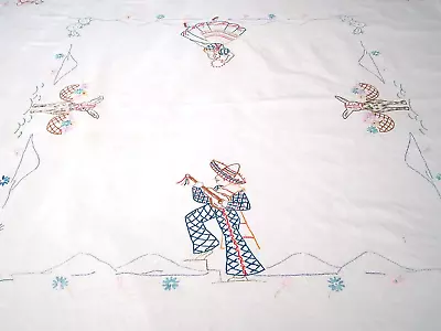 Vintage Tablecloth Mexican Southwest Handmade Embroidered Cotton 47 X52  Dancers • $12.50