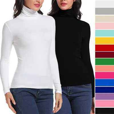 Women Plain Turtle Polo Roll Neck Ladies Long Sleeve Stretch T-Shirt Thermal Top • £7.99