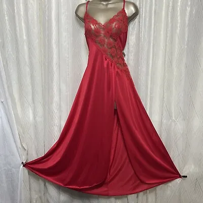 VTG XL 1X Vandermere Nightgown Nylon Slit  Silky Lace Shiny Red Negligee Sexy • $89.99