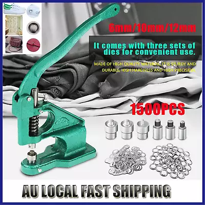 Hand Press Grommet Eyelet Hole Punch Machine W/ 3Dies &1500 Grommets 6 10 12mm✅ • $53.65