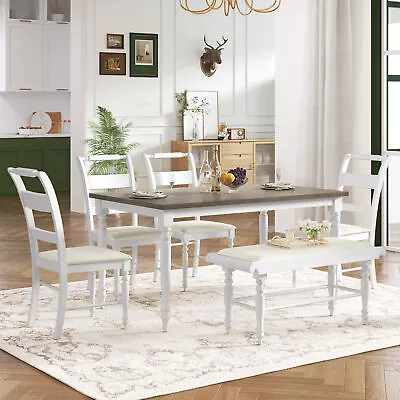 6Pieces Retro Wooden Dining Set Kitchen Table W/ Upholstered Chairs Bench White • $774.99