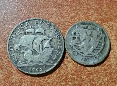 $14.99 • Buy 2 PORTUGUESE SILVER COINS, 1942  5 Escudos, 1943 2 Escudos