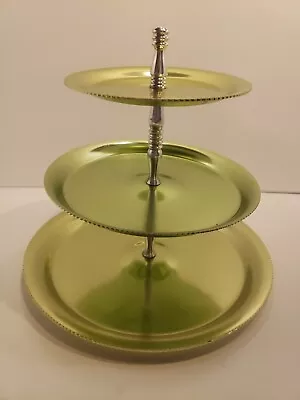 Vtg 3 Tier Tid Bit Serving Tray Mcm Atomic Lime Green Aluminum Chrome Unscrews • $30