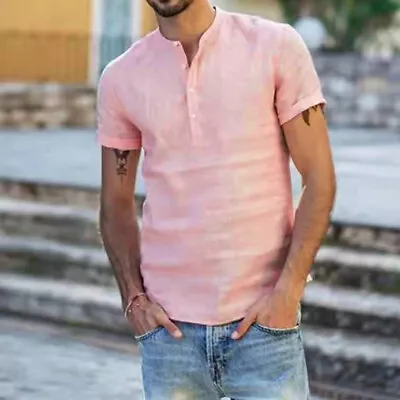 Men T Shirt Short Sleeve Linen Tops Mens Casual Daily Wear V Neck T-shirt Solid • $17.99