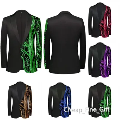 Men Shiny Sequins Blazer Jacket Nightclub Performer Suit Fashion Coat Streetwear • $33.99