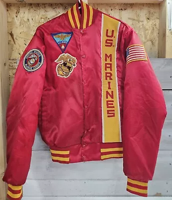 Vintage US Marines Red Satin Bomber Jacket Marine Corps With Patches Small • $54.99