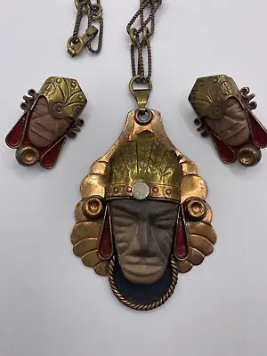 Antique 30’s Diaz Santoyo MIxed Metals Mexico Aztec Shaman Face Set Pendant Necl • $300