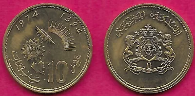 Morocco Kingdom 10 Santimat 1974 Unc 1 Year Typeruler Al-hassan Iif.a.o Value • $2.15