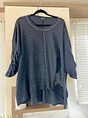 Lagenlook Italy Tunic Top Smock Wavy Cotton Star Design Blue F/s Xl 16 / 18 O/s • £2.99